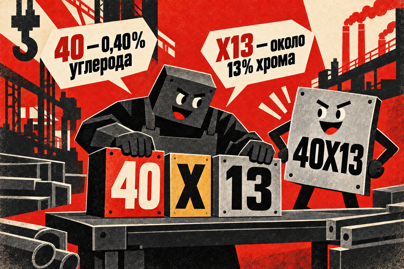 Иллюстрация в стиле советского плаката: персонаж-печка собирает марку 40Х13 из блоков 40, Х и 13