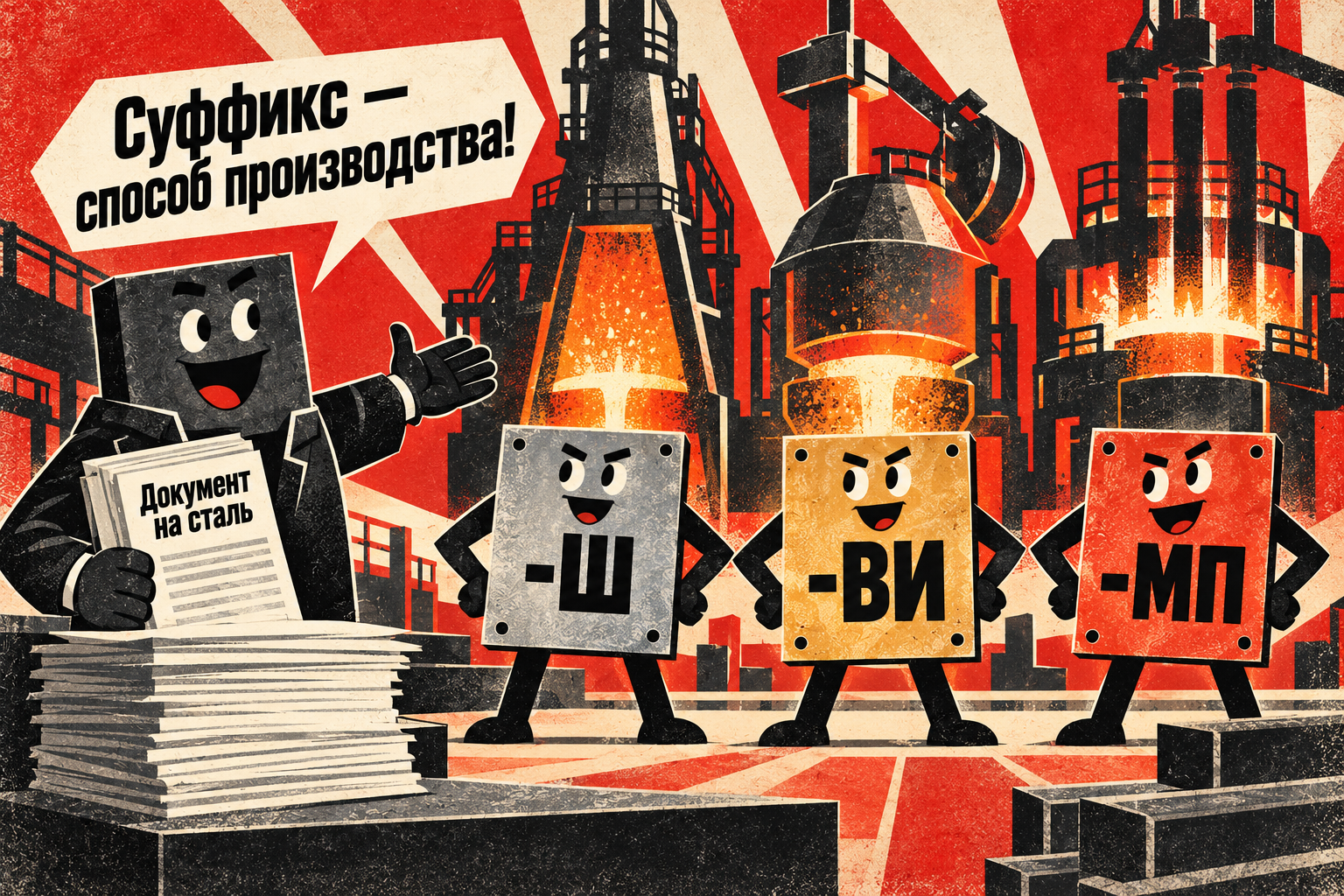 Персонаж-печка с документами и три стальные таблички с суффиксами Ш, ВИ и МП на фоне цеха