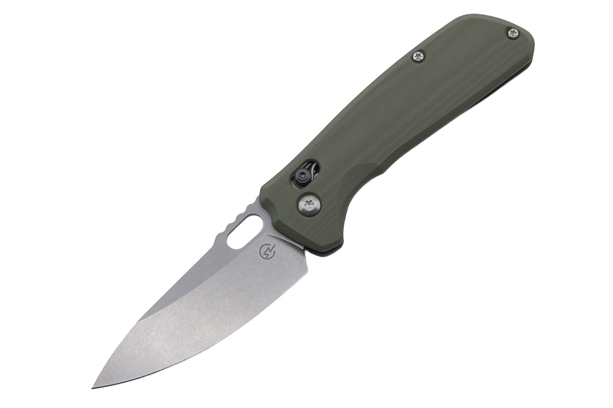 Schwarz Enduro с рукоятью из зелёного G10 на белом фоне